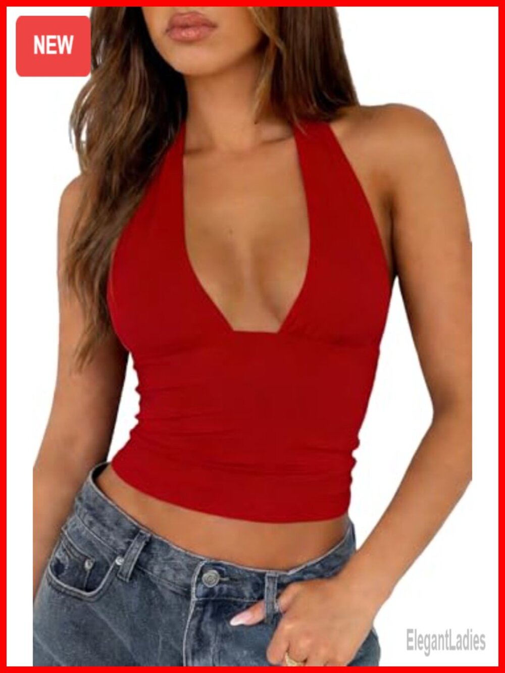 Halter Tank Top Deep V Neck Backless Sleeveless Crop Summer Going Out Top